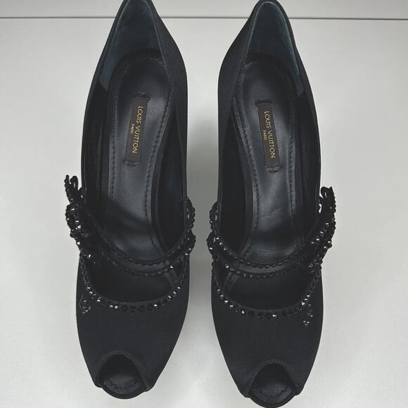 Louis Vuitton Vintage Black Satin Open Toe Crystal Strap Embellished Pumps 37.5 - Picture 3 of 13